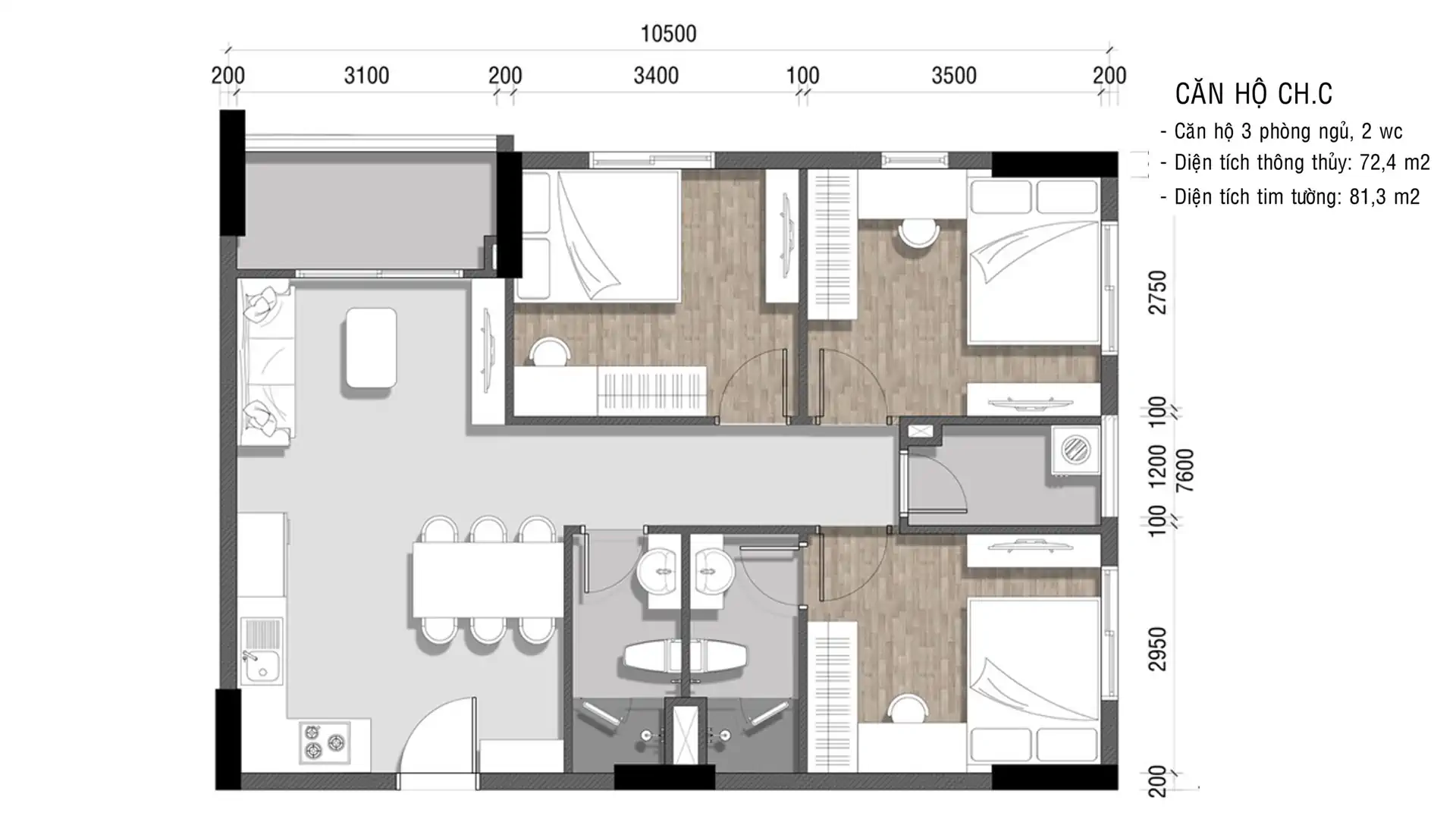 Căn hộ Ava Center 3 phòng ngủ